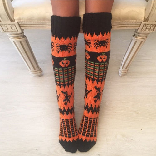 Halloween Orange Spider Witch Pumpkin Over The Knee Tube Pile Of Womens Socks - MyFaceSocksAu