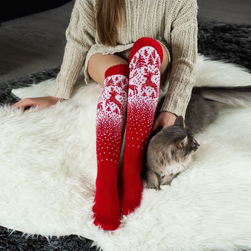 Women Winter Leg Warmers Knit Socks Christmas Elk Red Long Wool Over The Knee Pile Socks - MyFaceSocksAu