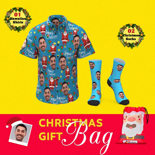 Christmas Gift Bags Custom Face Hawaiian Shirts And Socks Set For Him Happy Santa